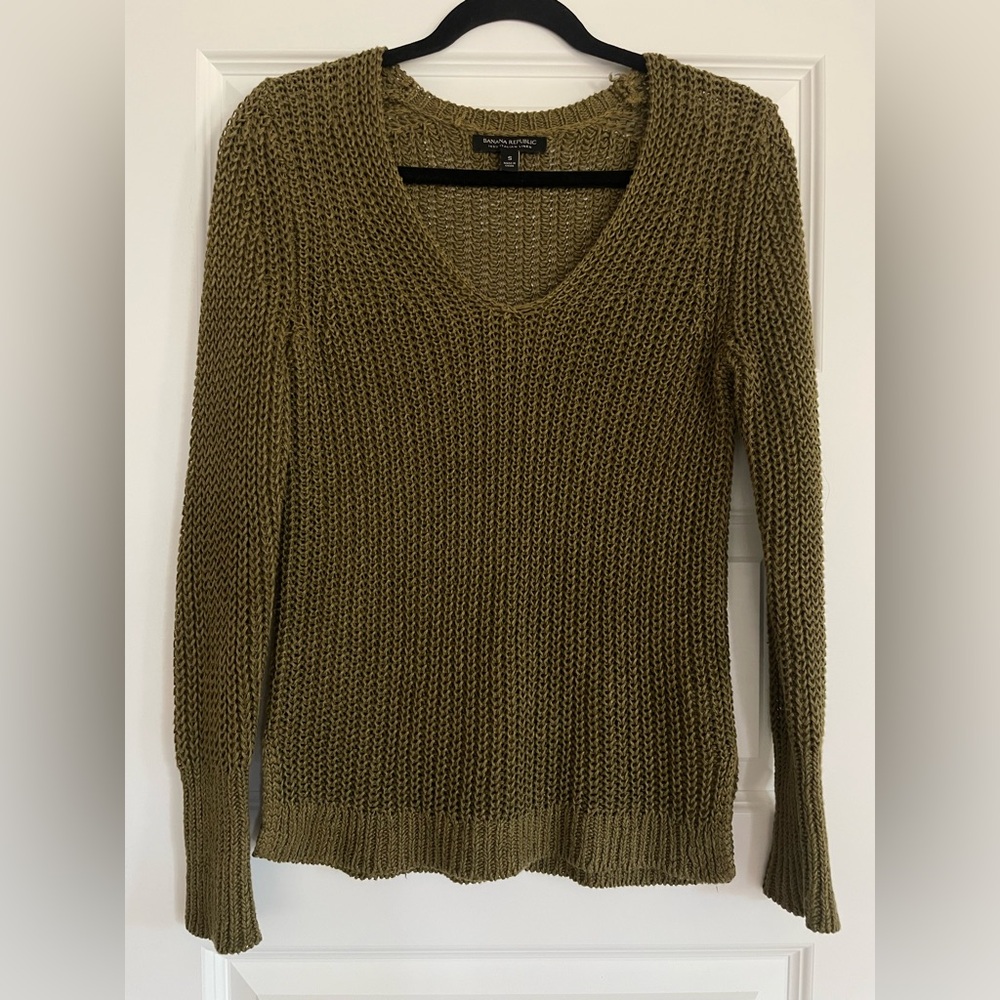 Banana Republic 100% Italian Linen Olive Green Woven Knit Sweater Top Size S